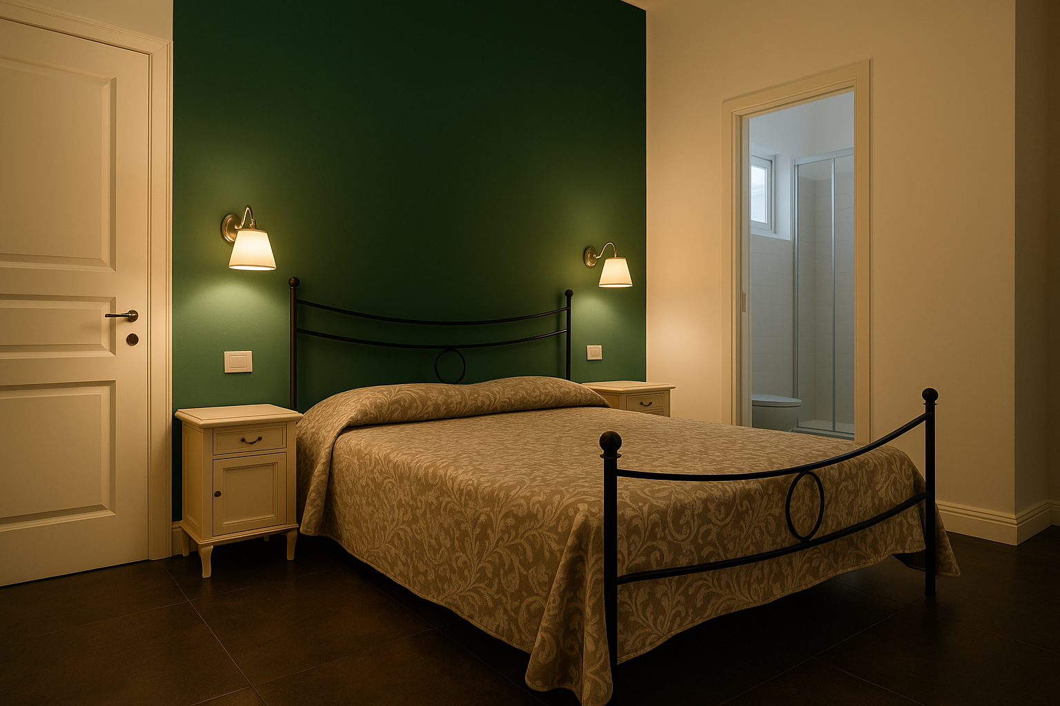 Seconda camera di Gabriella House: letto in ferro battuto e comodini chiari